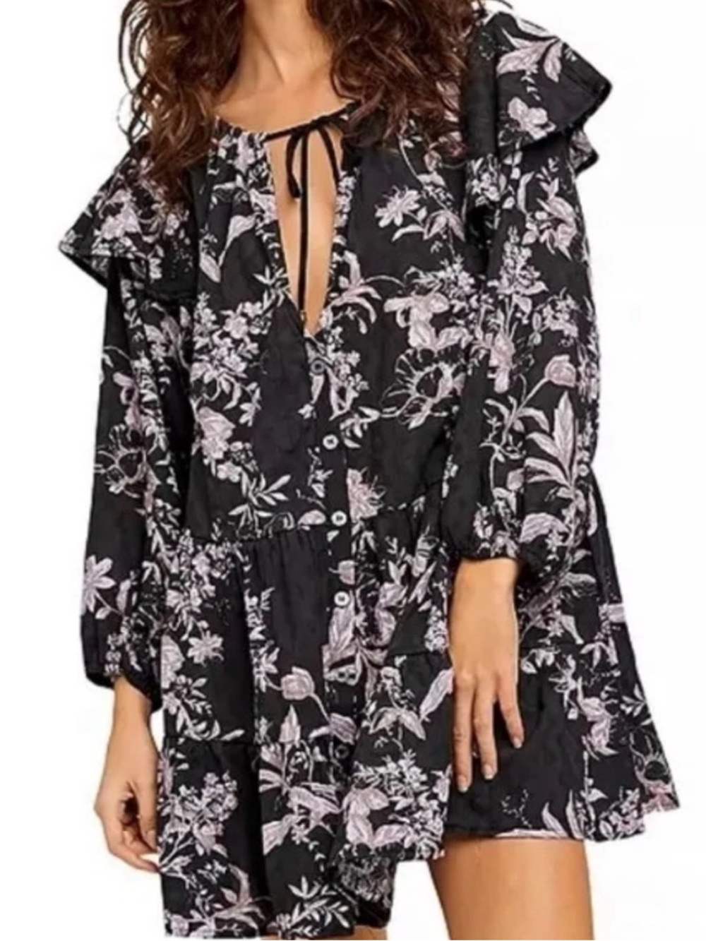 Black Floral Tie-Neck Women’s Dress